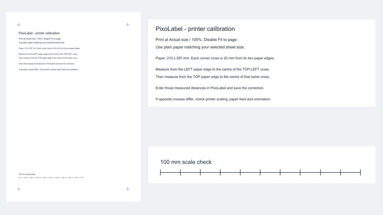 Generated PixoLabel calibration PDF, with enlarged instructions and a 100 mm scale-check ruler