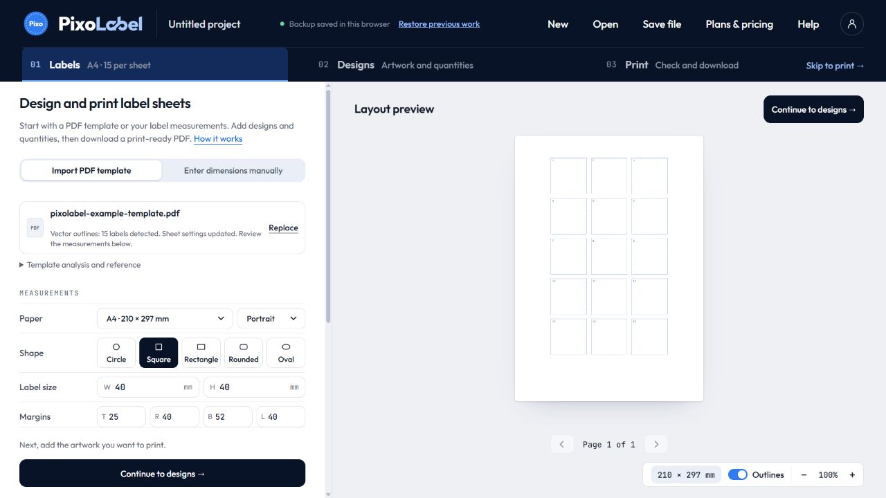 PixoLabel applying a 15-position example PDF template with 40 mm square labels